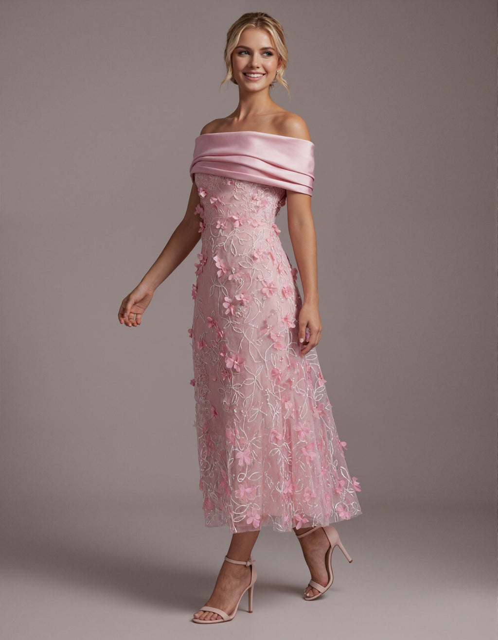 Vestido largo rosa de hombros descubiertos con flores 3D