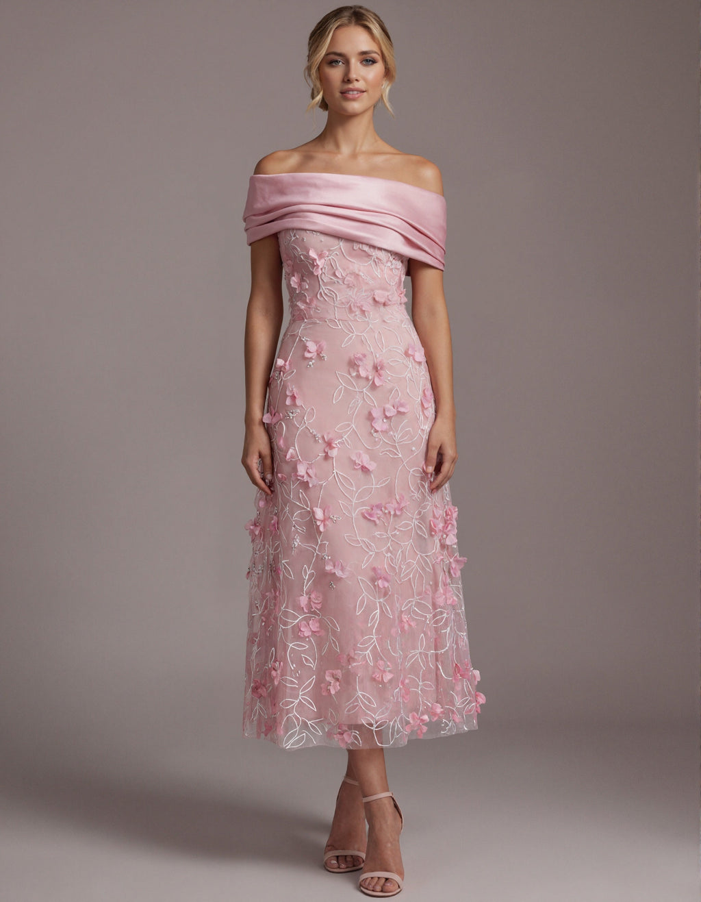 Vestido largo rosa de hombros descubiertos con flores 3D