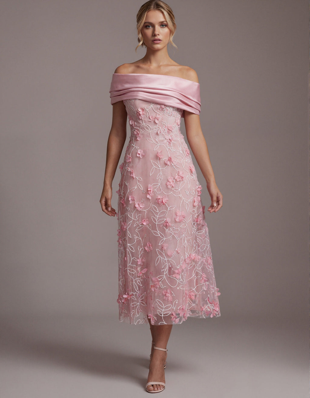 Vestido largo rosa de hombros descubiertos con flores 3D