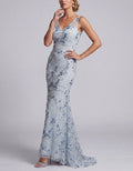 Vestido largo de tul con lentejuelas florales azul celeste