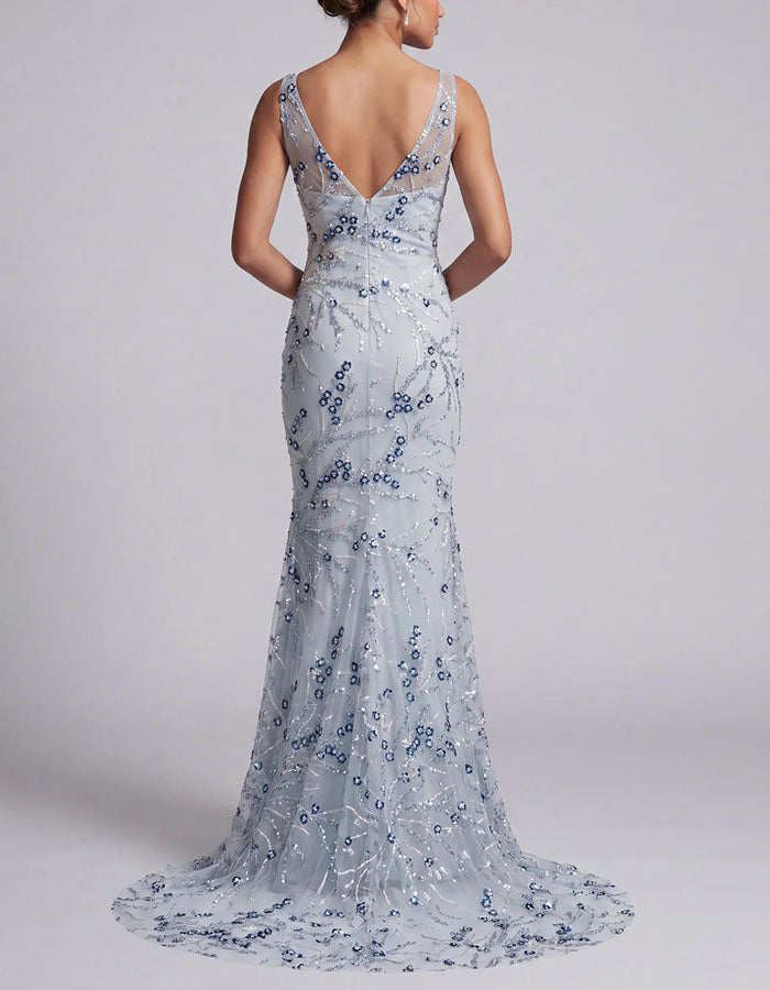 Vestido largo de tul con lentejuelas florales azul celeste