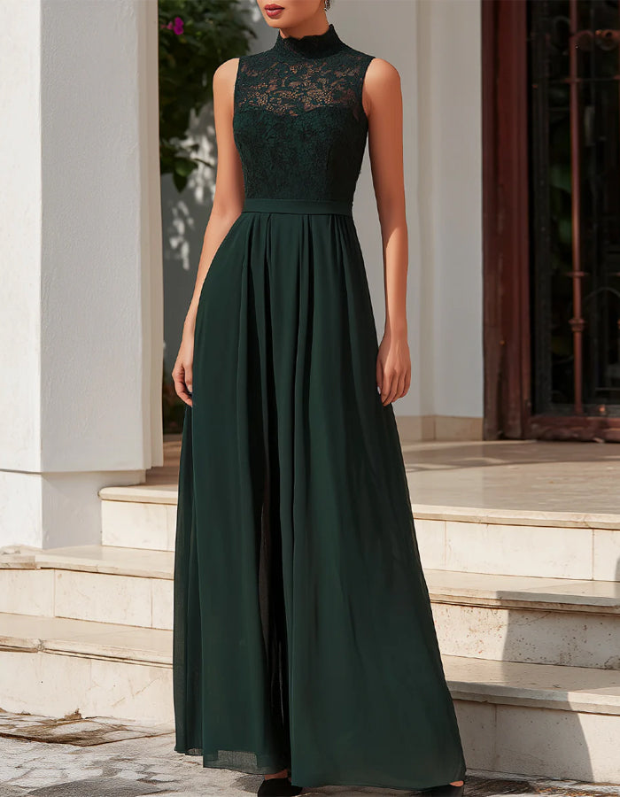 Vestido largo de cuello alto en encaje y chiffon verde oscuro