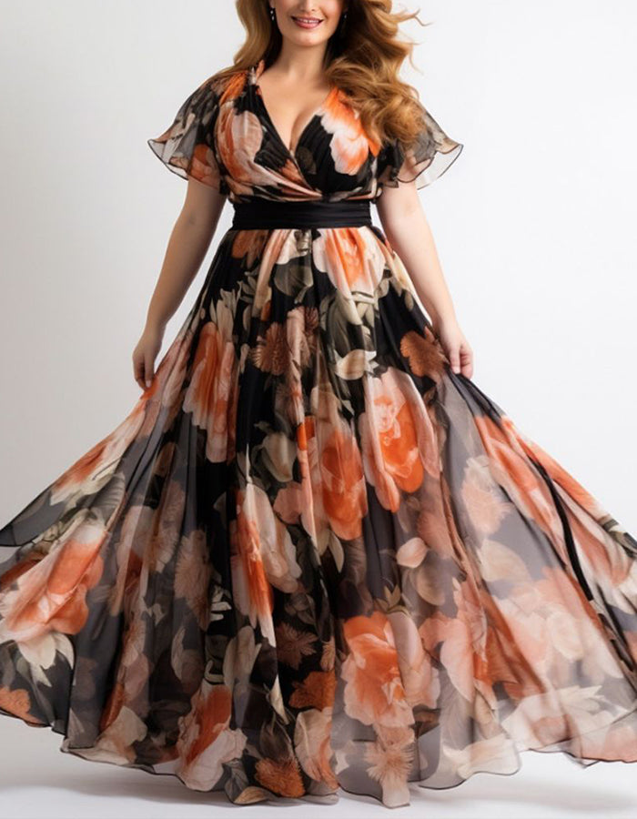 Vestido largo negro floral de gasa con mangas de volantes