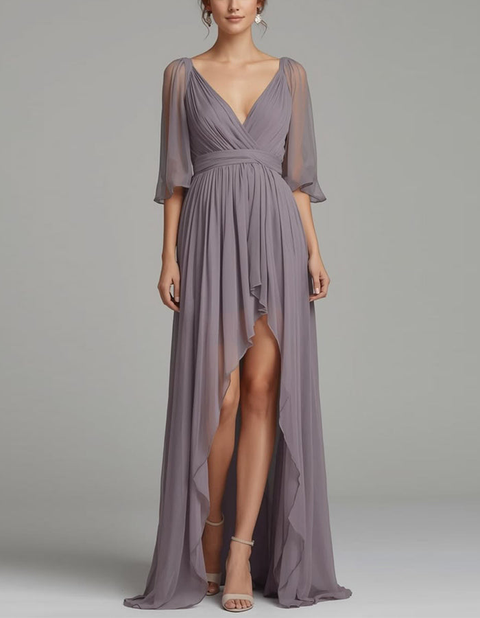 Vestido largo de gasa gris morado