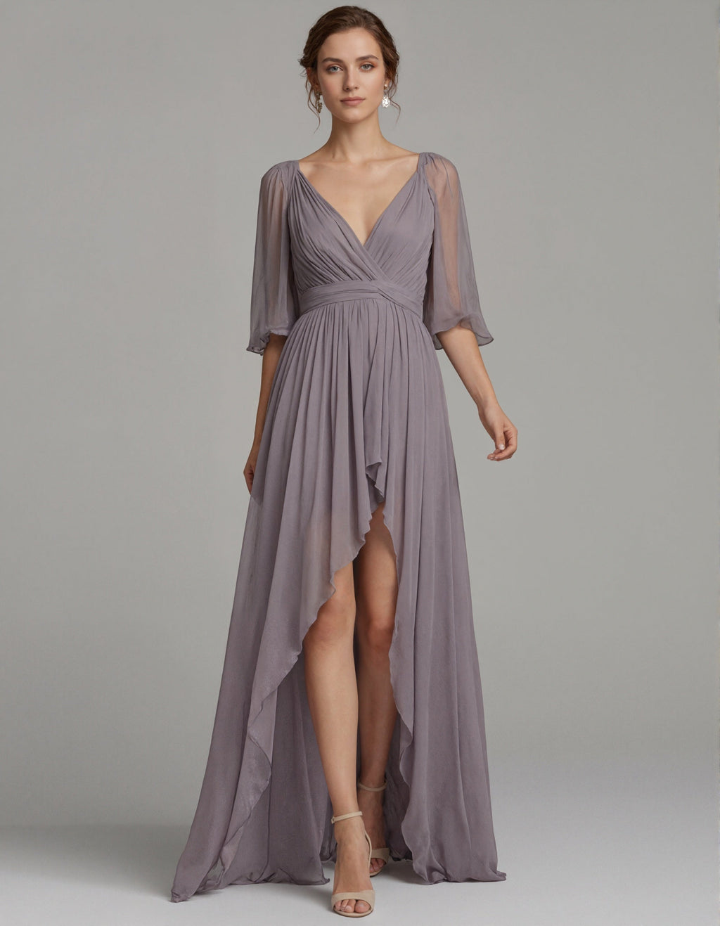 Vestido largo de gasa gris morado