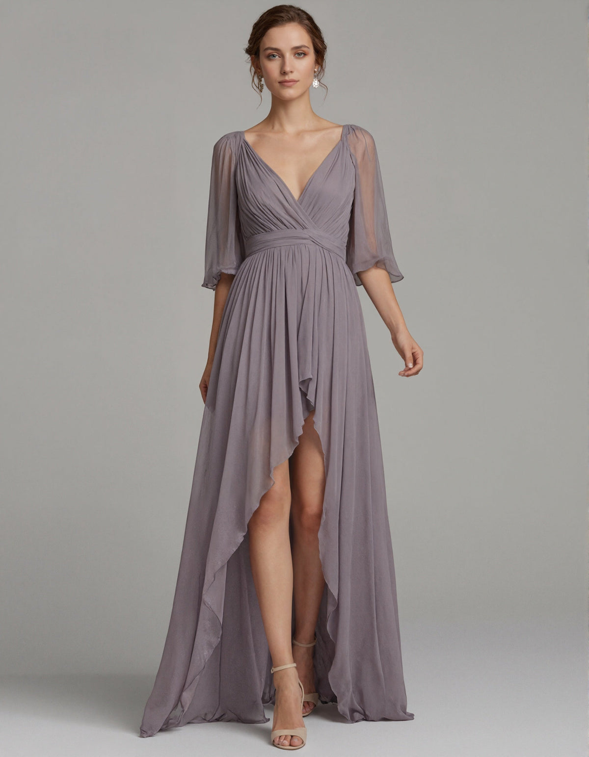 Vestido largo de gasa gris morado