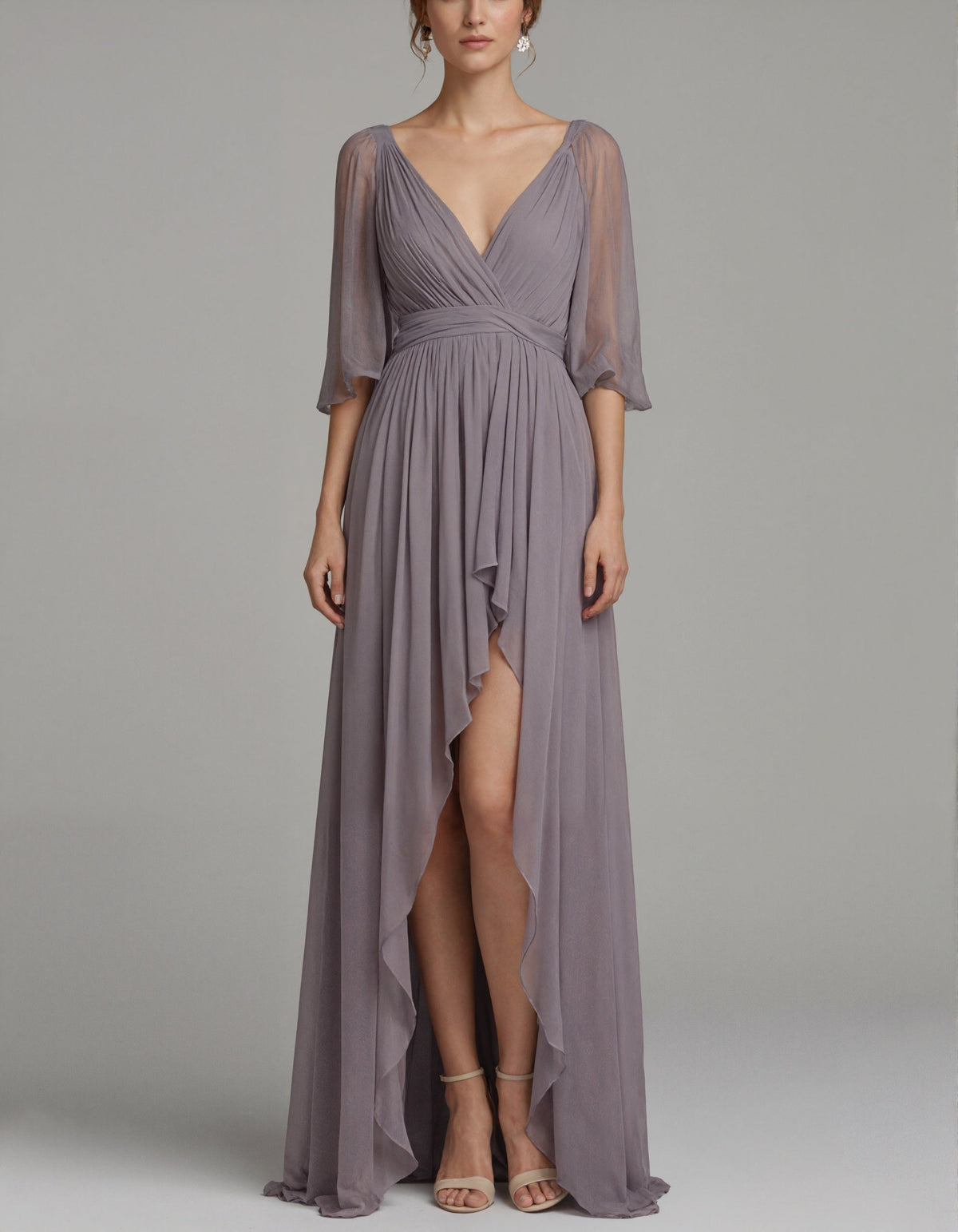 Vestido largo de gasa gris morado