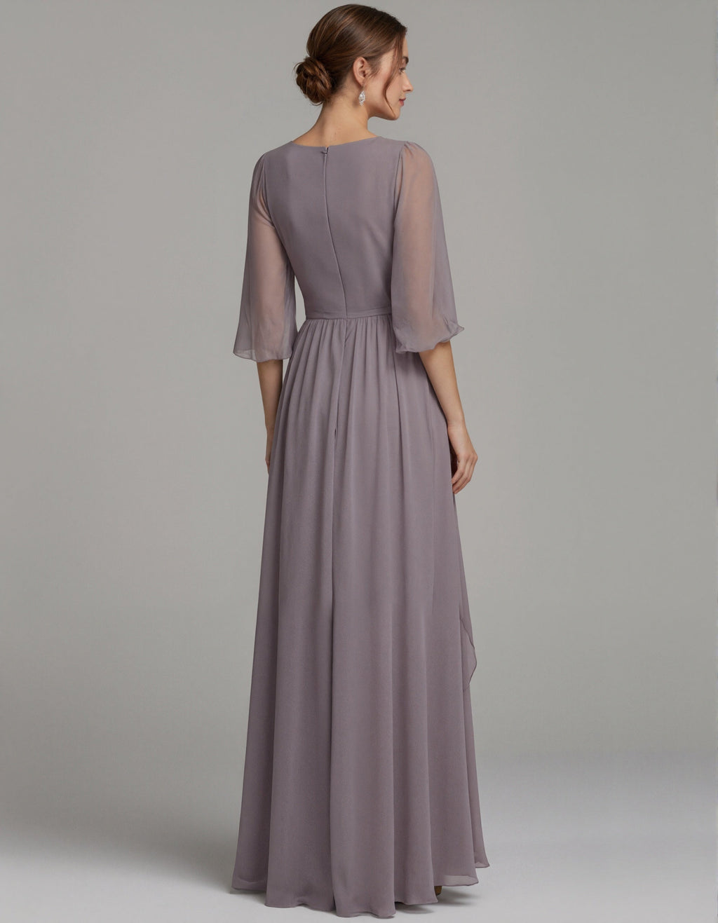 Vestido largo de gasa gris morado