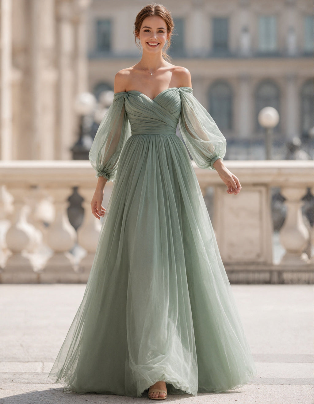 Vestido largo verde salvia con hombros descubiertos