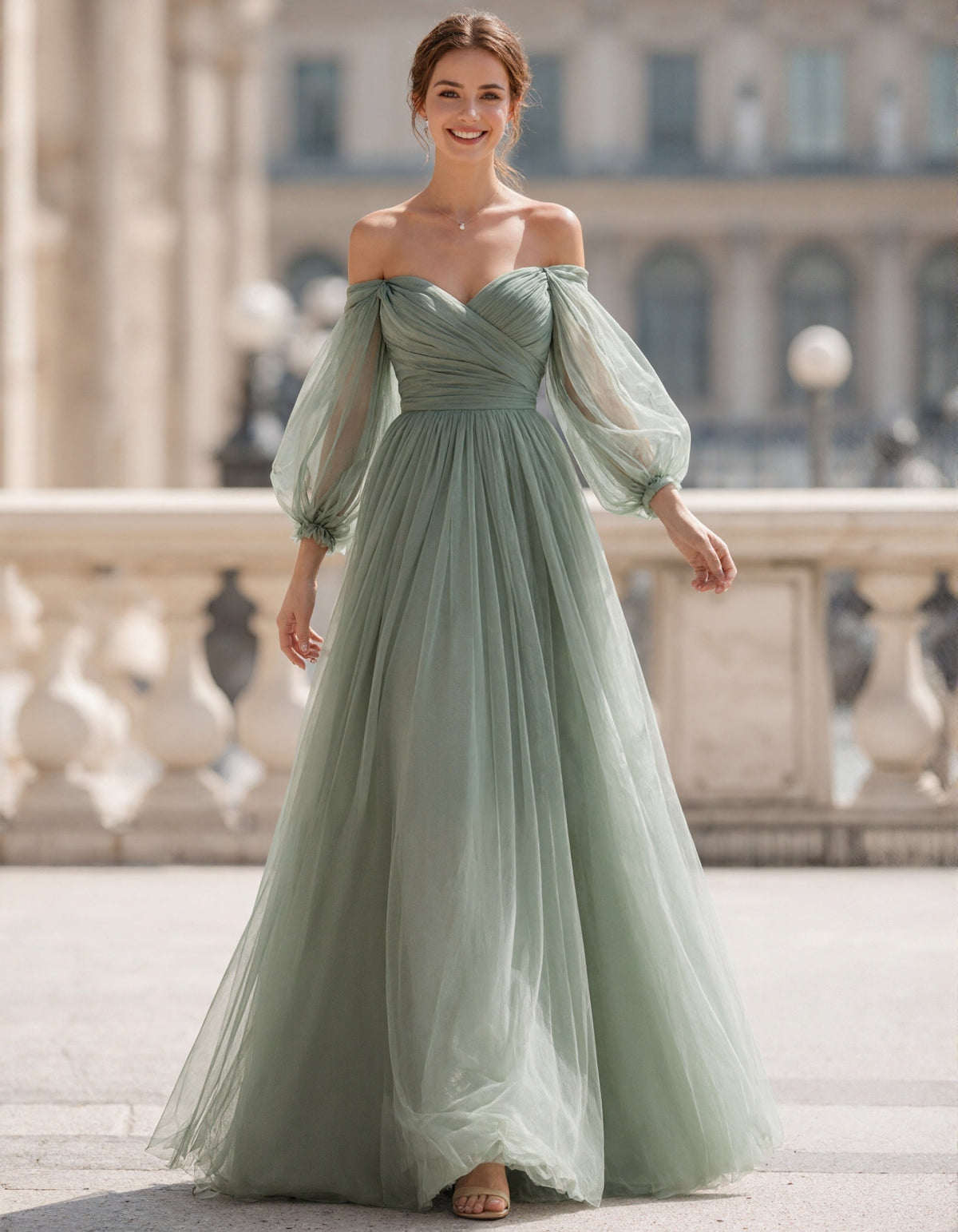 Vestido largo verde salvia con hombros descubiertos