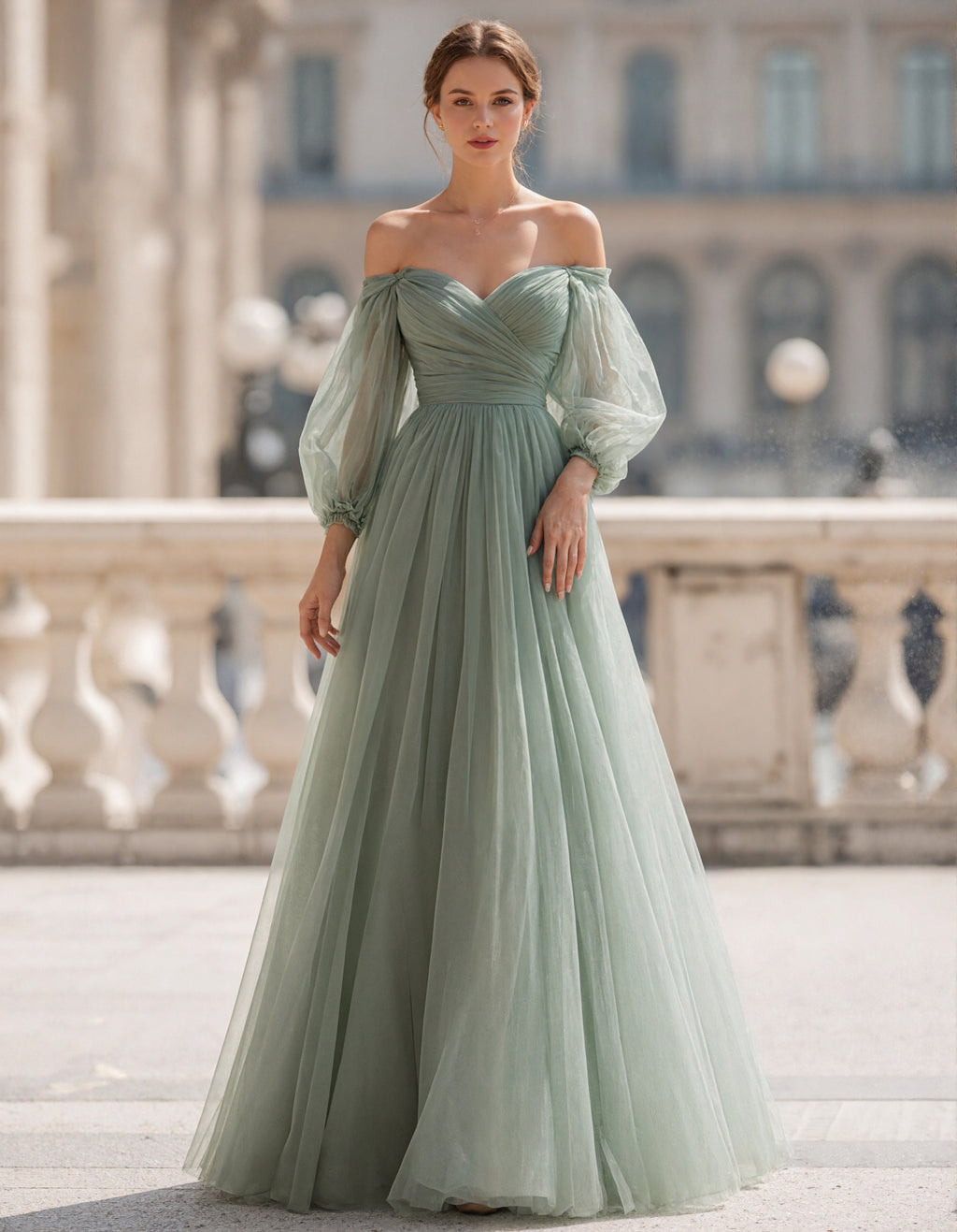 Vestido largo verde salvia con hombros descubiertos