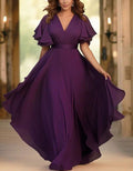 Vestido largo de gasa morado con escote en v