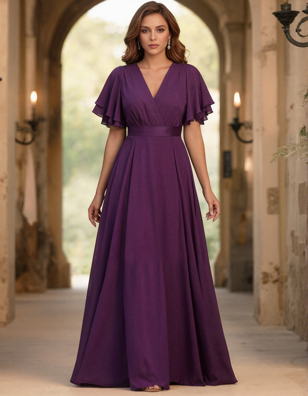 Vestido largo de gasa morado con escote en v