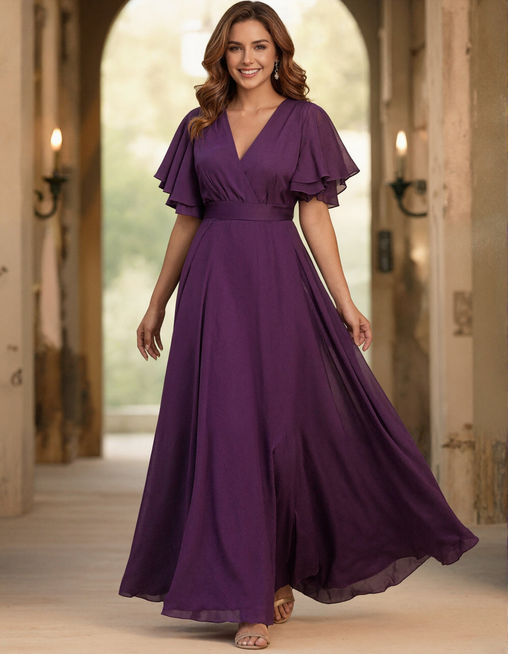 Vestido largo de gasa morado con escote en v