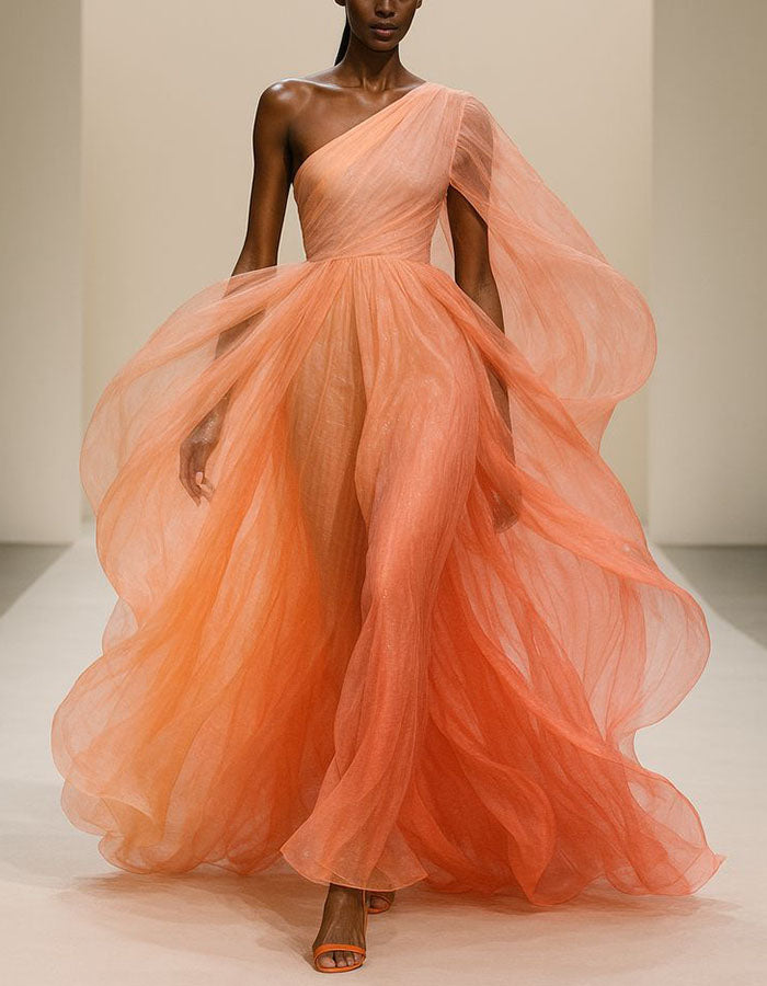 Vestido largo naranja de un hombro