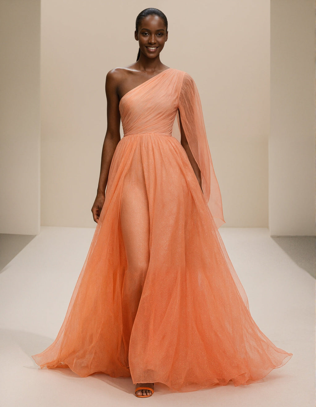 Vestido largo naranja de un hombro