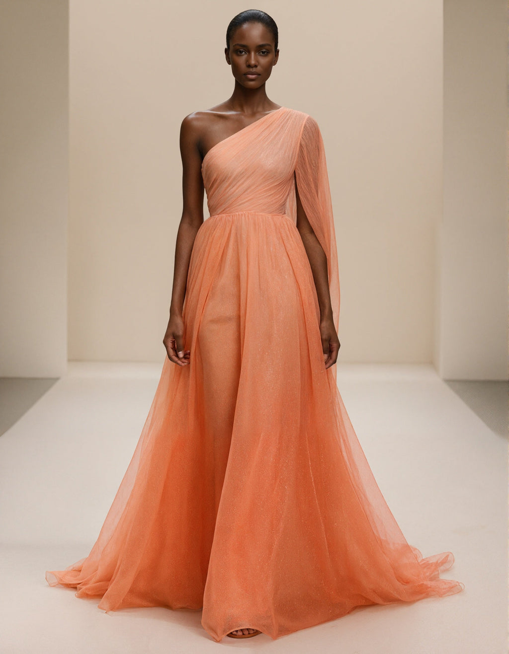 Vestido largo naranja de un hombro