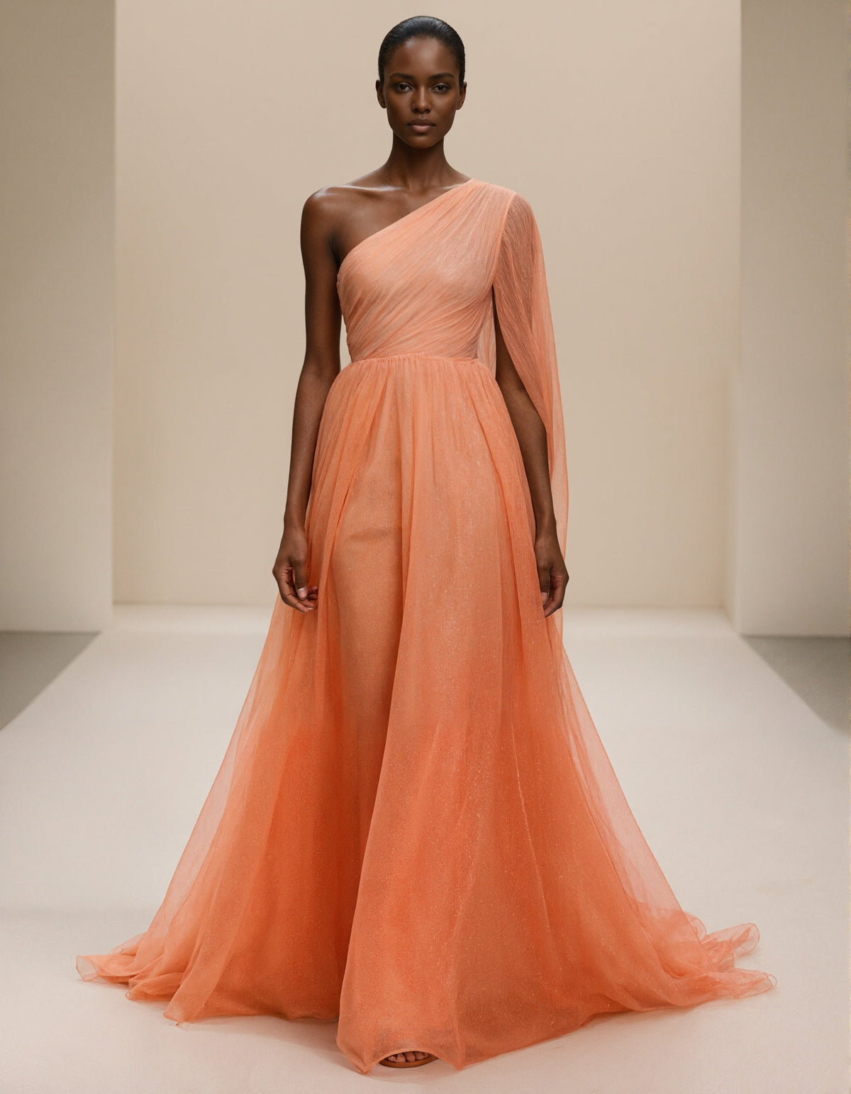 Vestido largo naranja de un hombro