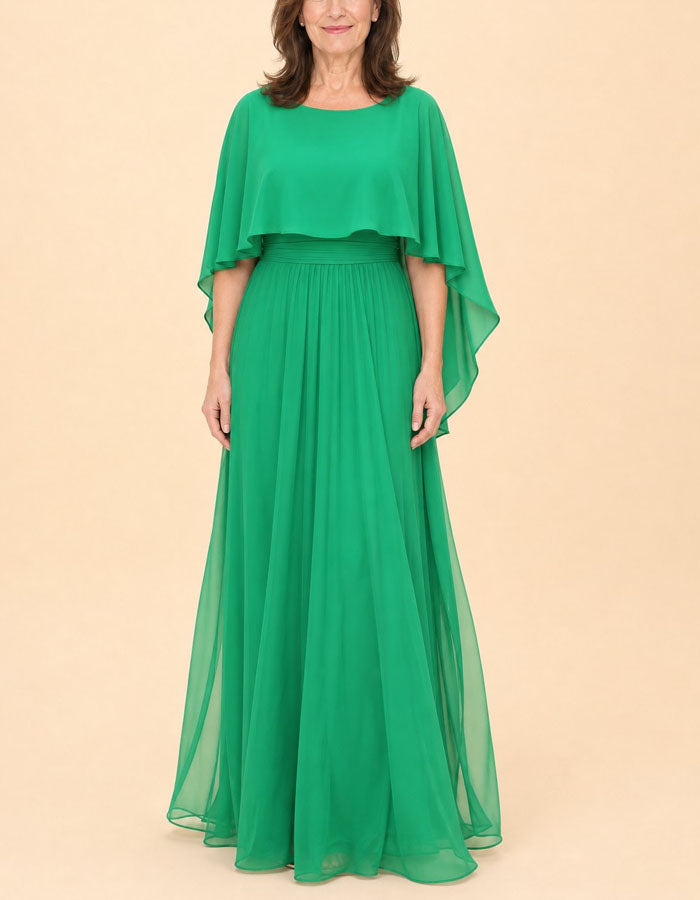Vestido largo de gasa con cuello chal y mangas con volantes