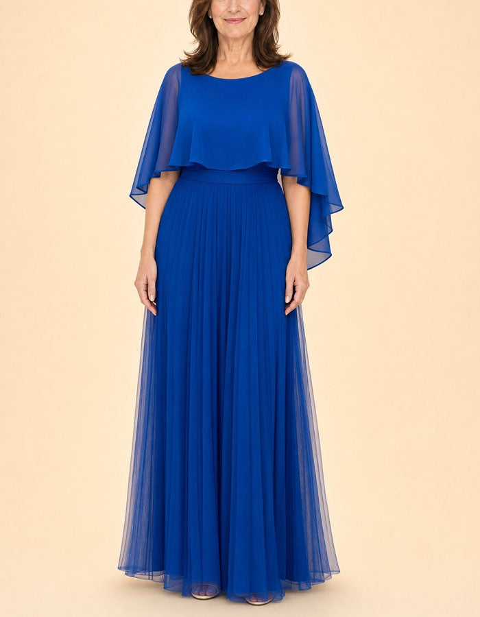 Vestido largo de gasa con cuello chal y mangas con volantes