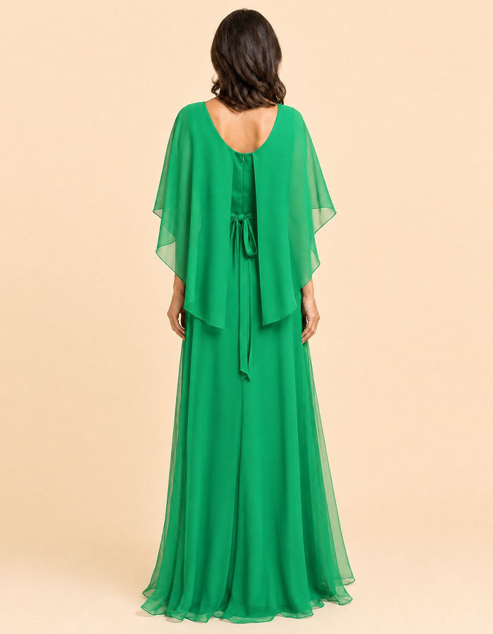 Vestido largo de gasa con cuello chal y mangas con volantes