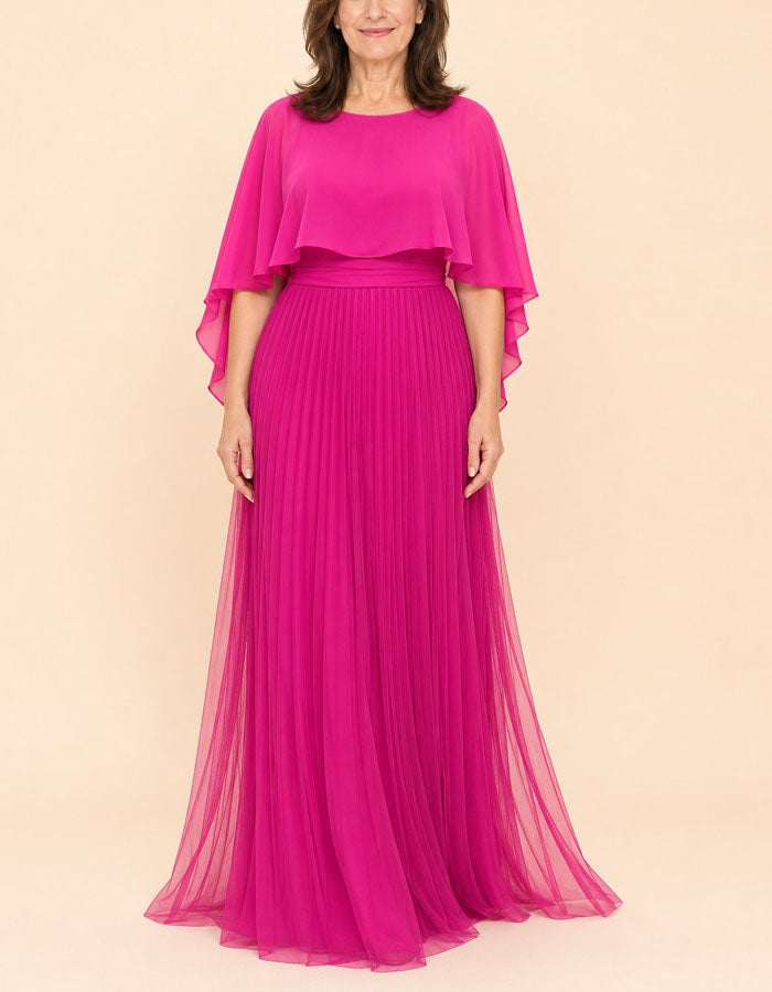 Vestido largo de gasa con cuello chal y mangas con volantes