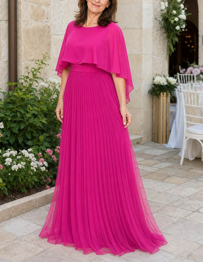 Vestido largo de gasa con cuello chal y mangas con volantes