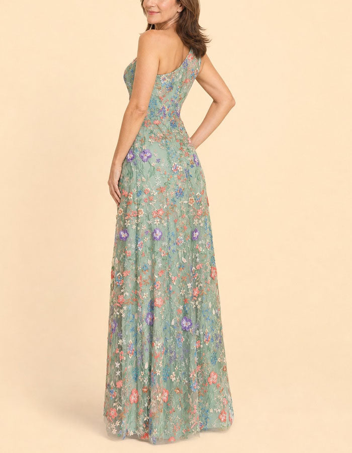 Vestido largo asimétrico verde salvia