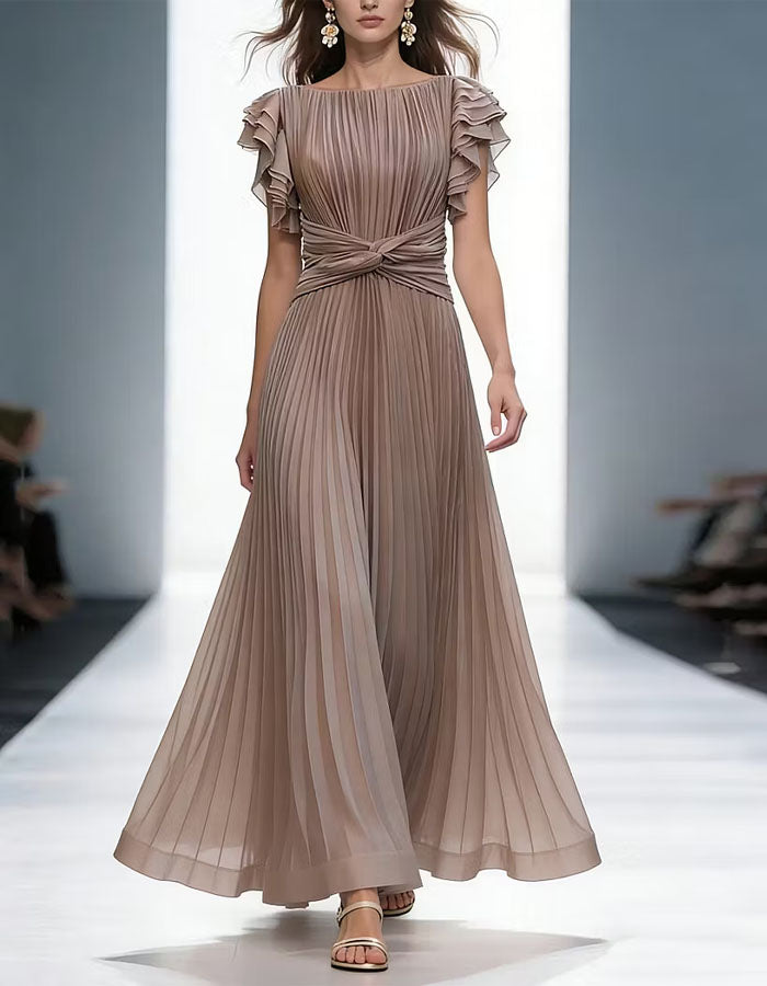 Vestido largo caqui con volantes