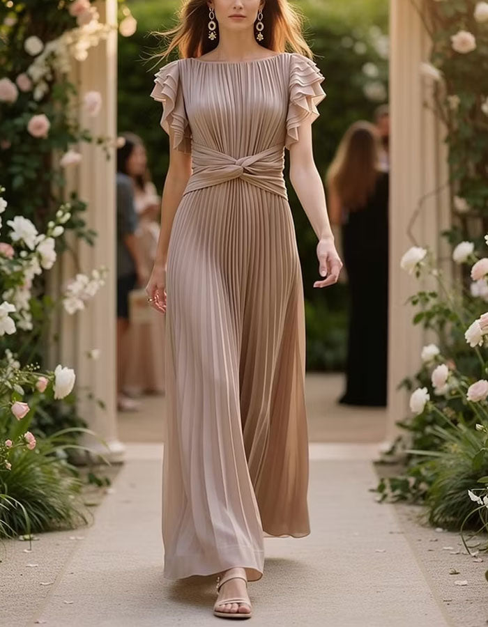 Vestido largo caqui con volantes