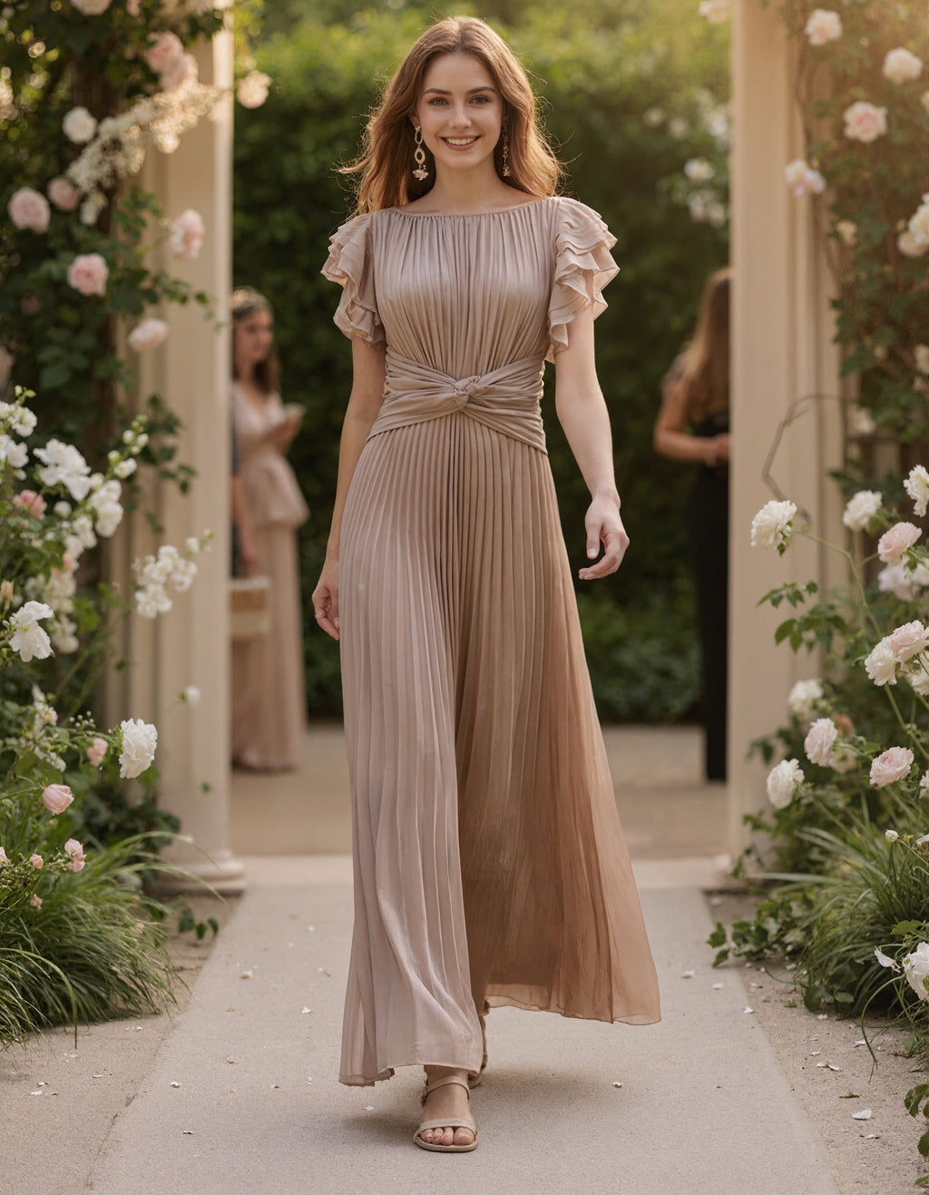 Vestido largo caqui con volantes