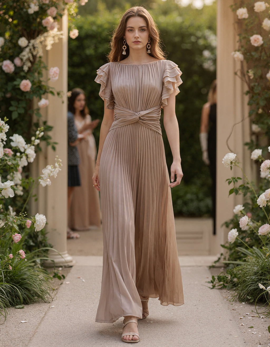 Vestido largo caqui con volantes