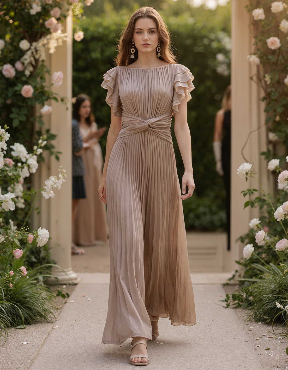 Vestido largo caqui con volantes