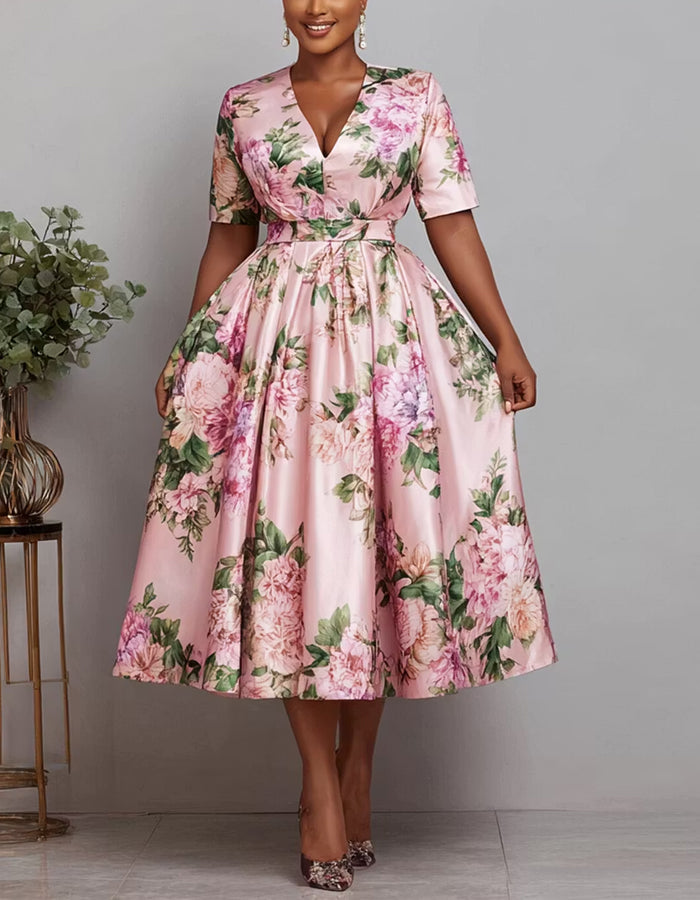 Vestido midi floral de satén en rosa