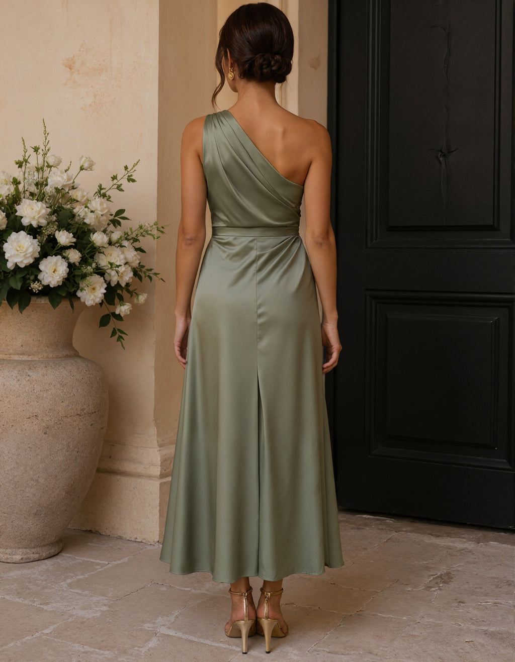Vestido midi de satén verde oliva con un hombro