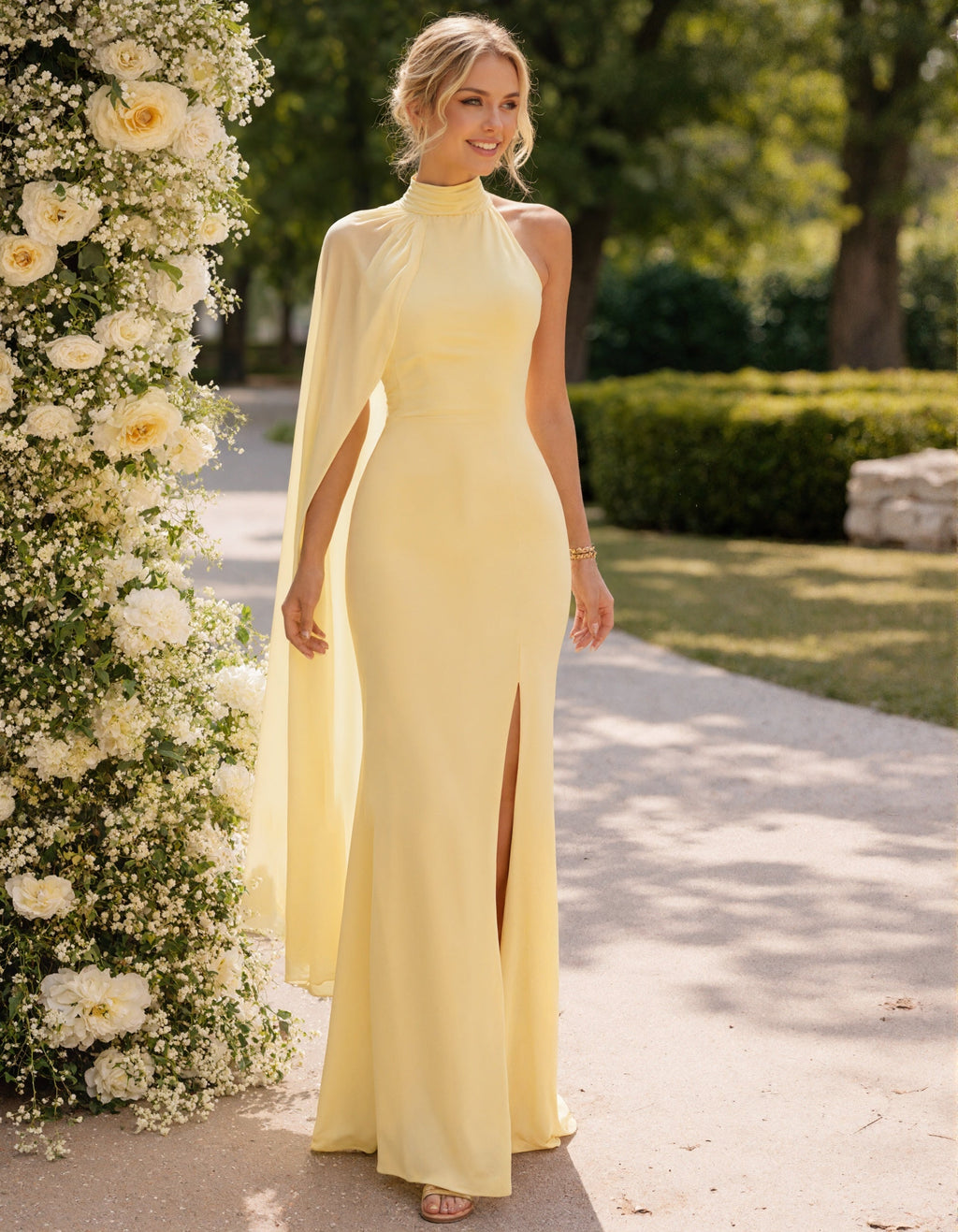 Vestido largo de gasa amarillo limón