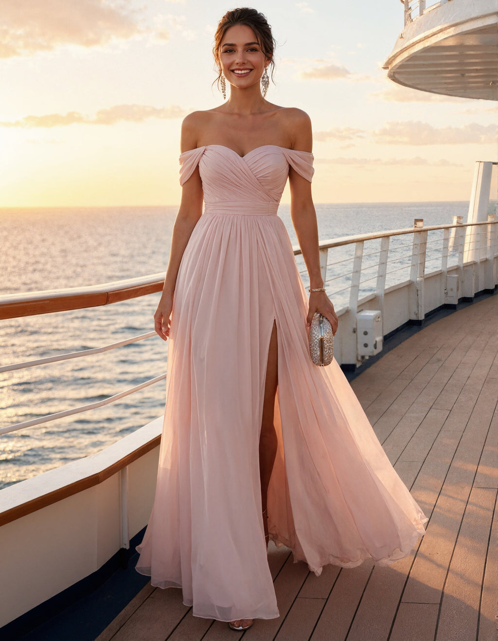 Vestido largo rosa con hombros descubiertos