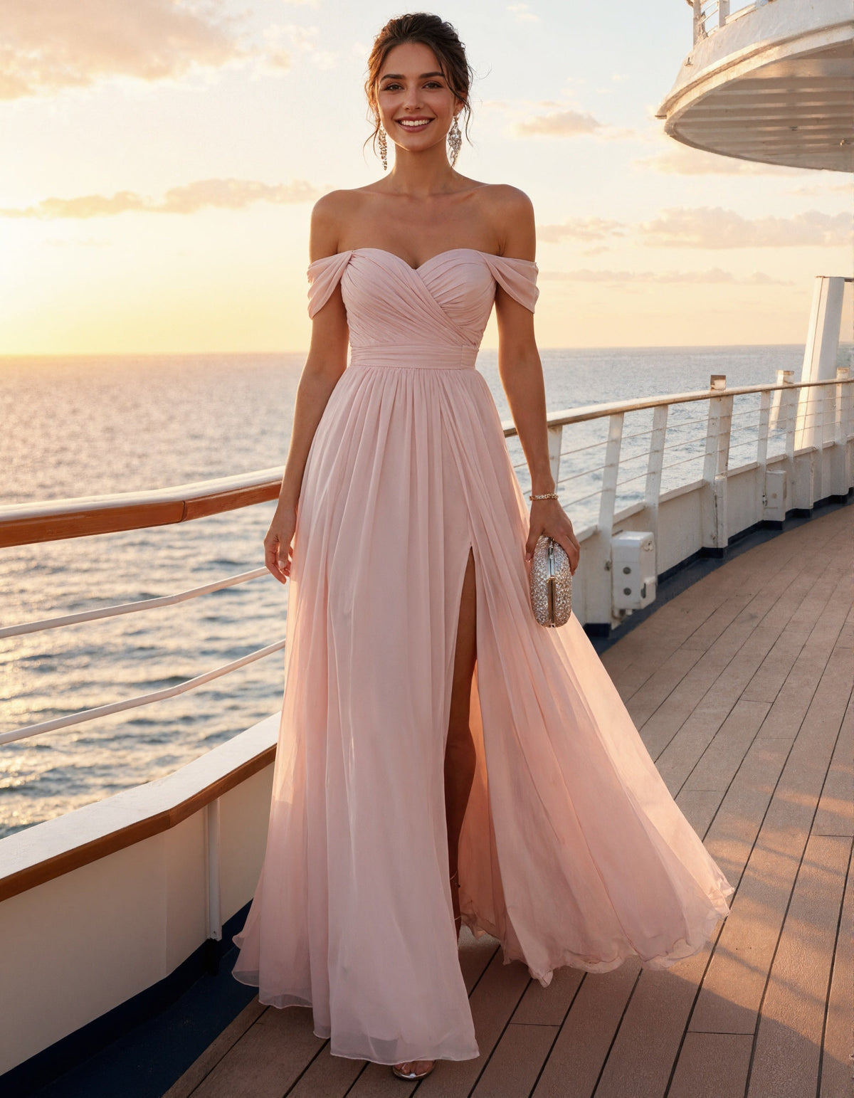 Vestido largo rosa con hombros descubiertos