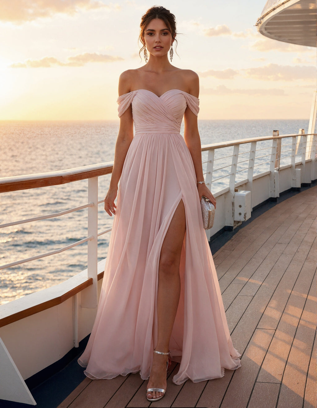 Vestido largo rosa con hombros descubiertos