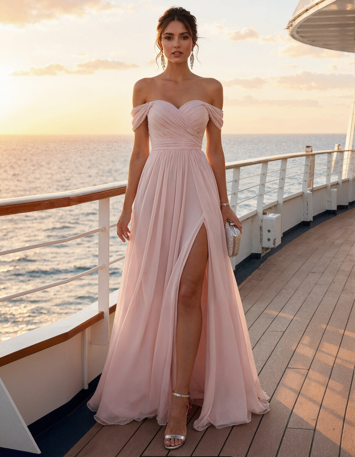 Vestido largo rosa con hombros descubiertos