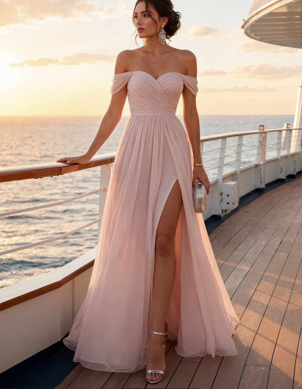 Vestido largo rosa con hombros descubiertos