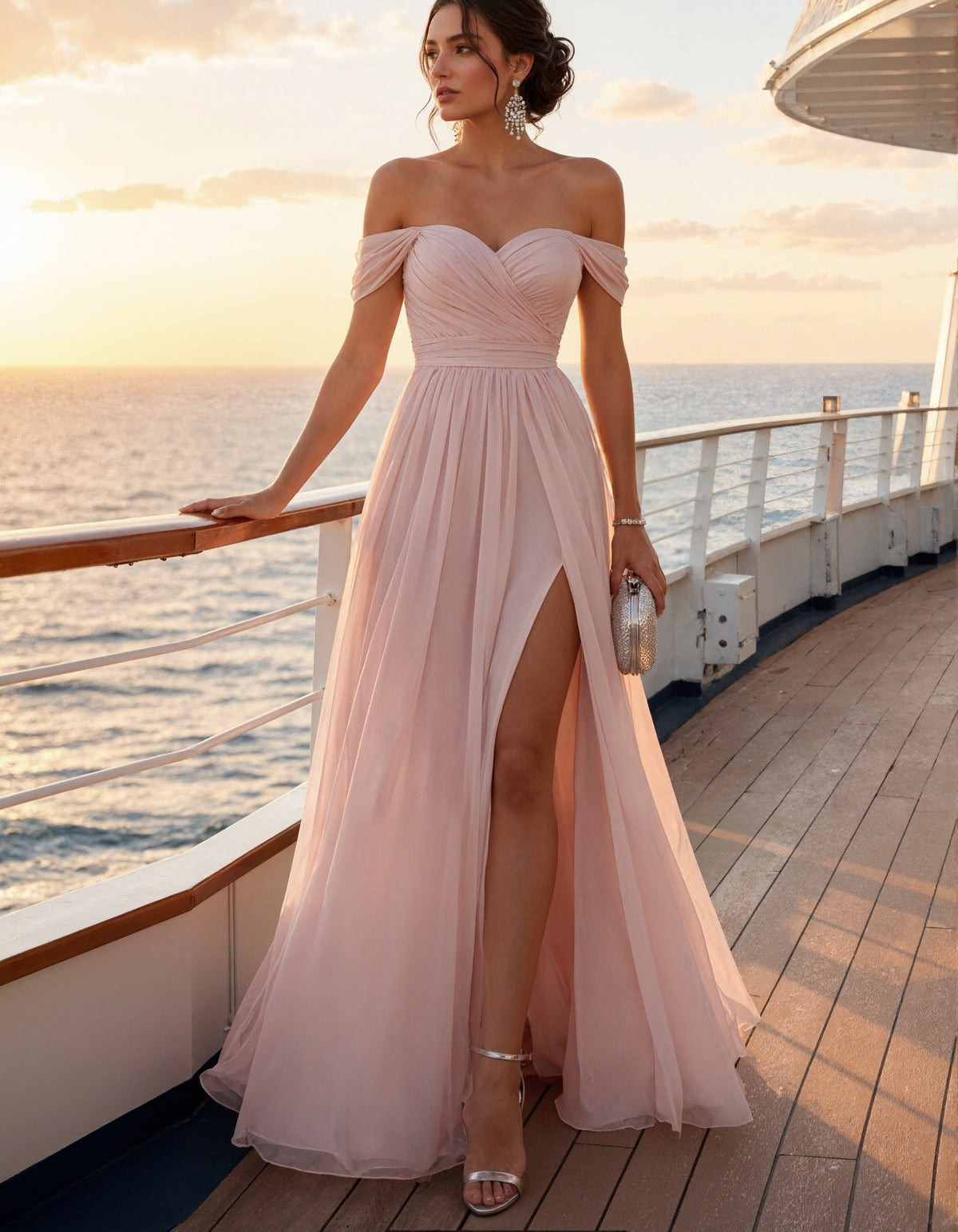 Vestido largo rosa con hombros descubiertos
