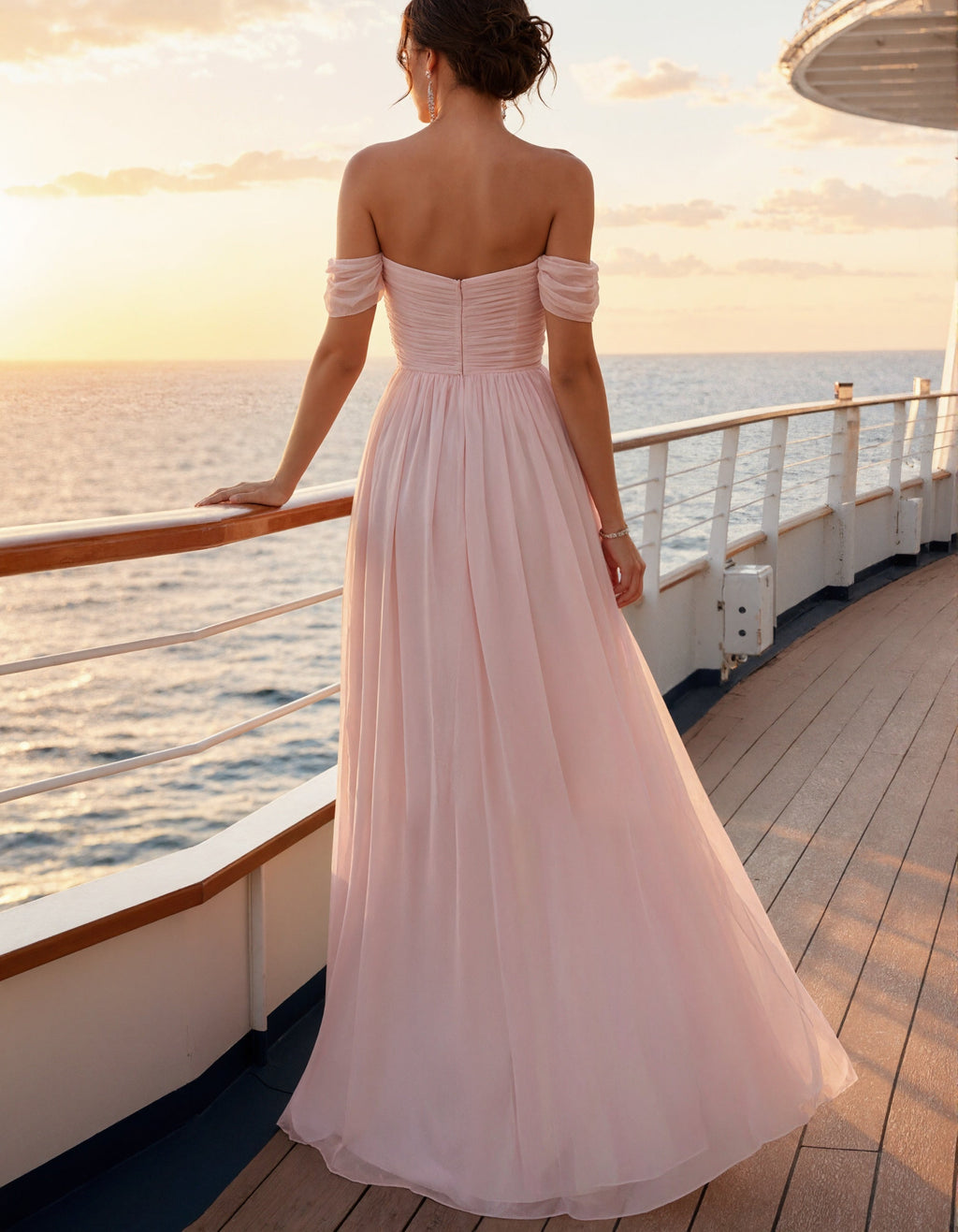 Vestido largo rosa con hombros descubiertos