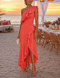Vestido midi naranja asimétrico con hombro descubierto