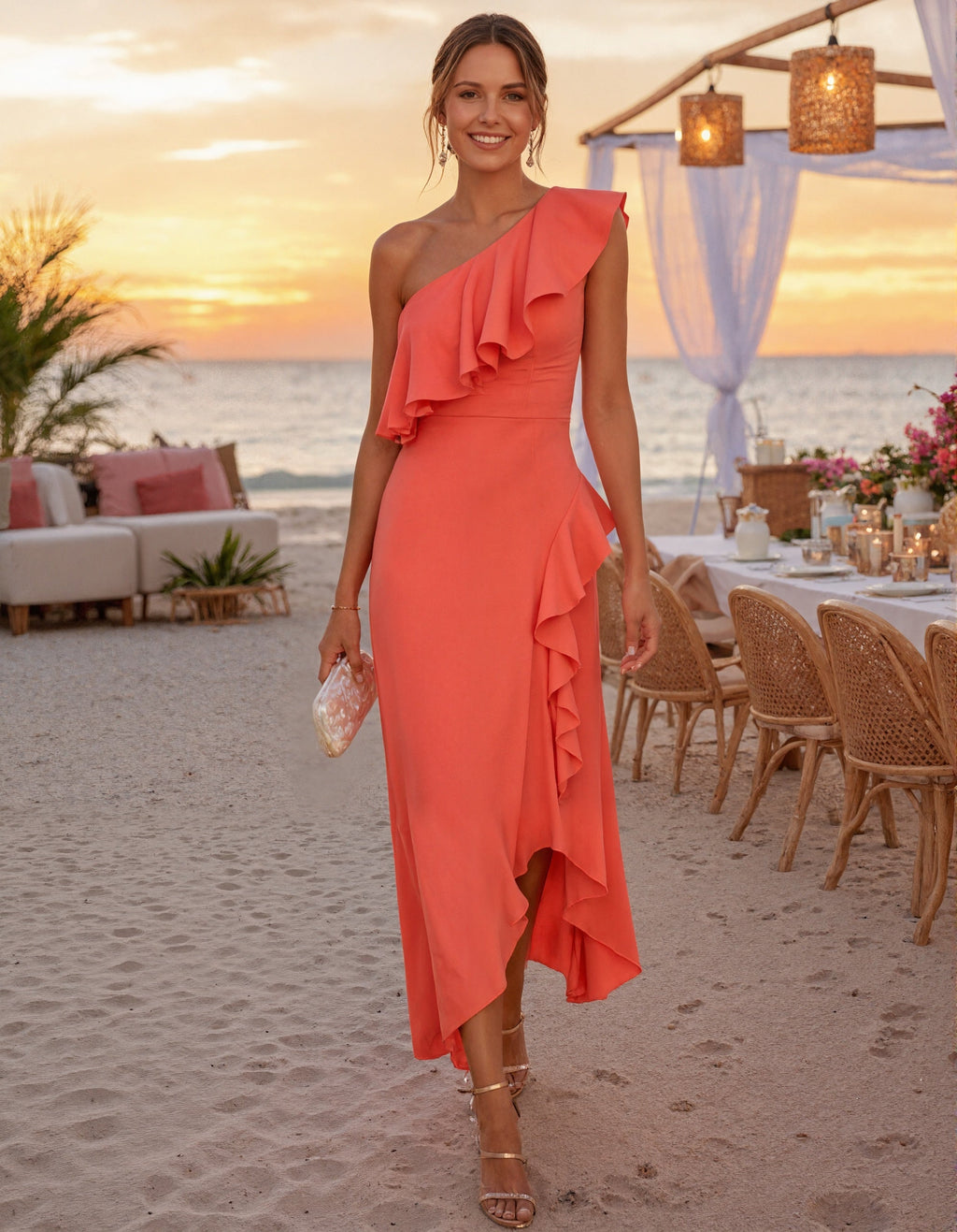 Vestido midi naranja asimétrico con hombro descubierto