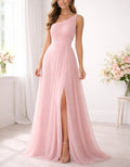 Vestido largo de un hombro en gasa rosa