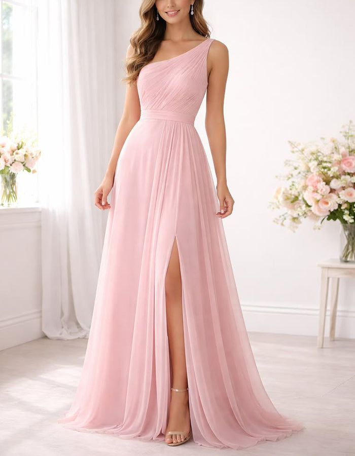 Vestido largo de un hombro en gasa rosa