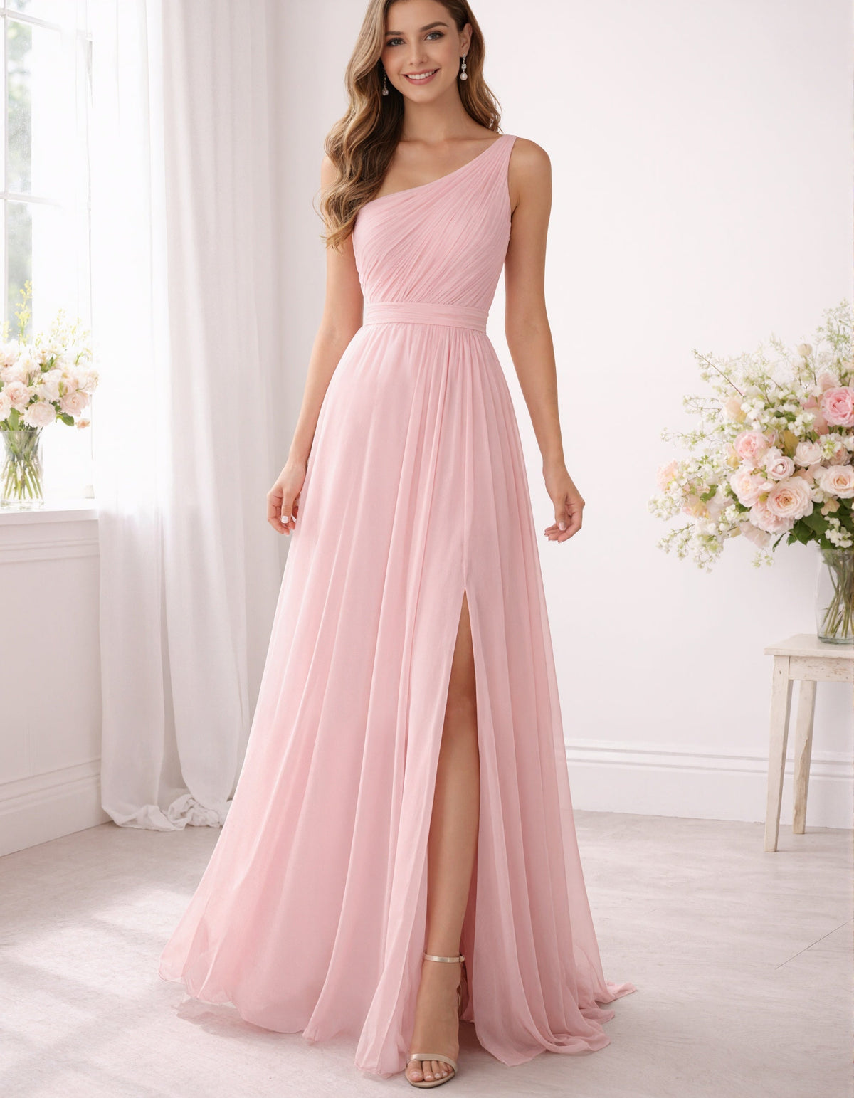 Vestido largo de un hombro en gasa rosa