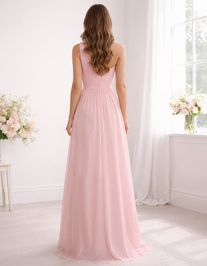 Vestido largo de un hombro en gasa rosa