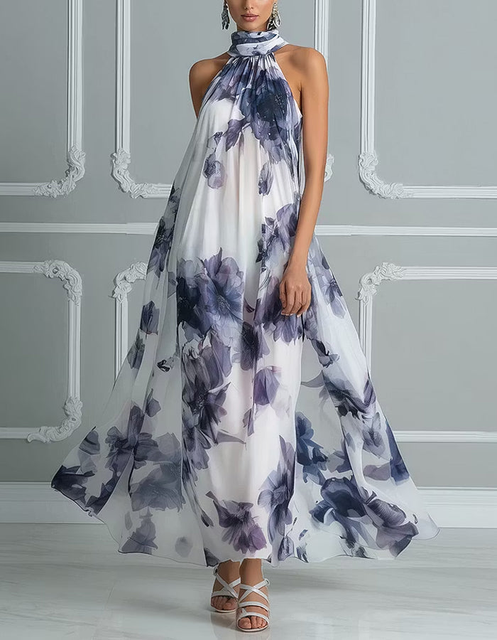 Vestido largo de gasa con cuello halter y estampado acuarela